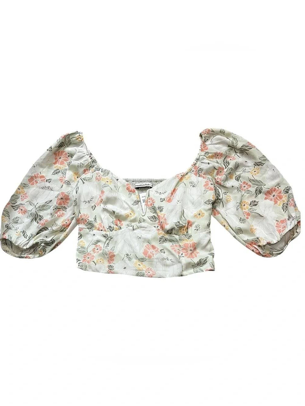 Abercrombie & Fitch Mint Green Floral V-Notch Puff Sleeve Crop Top NWT S